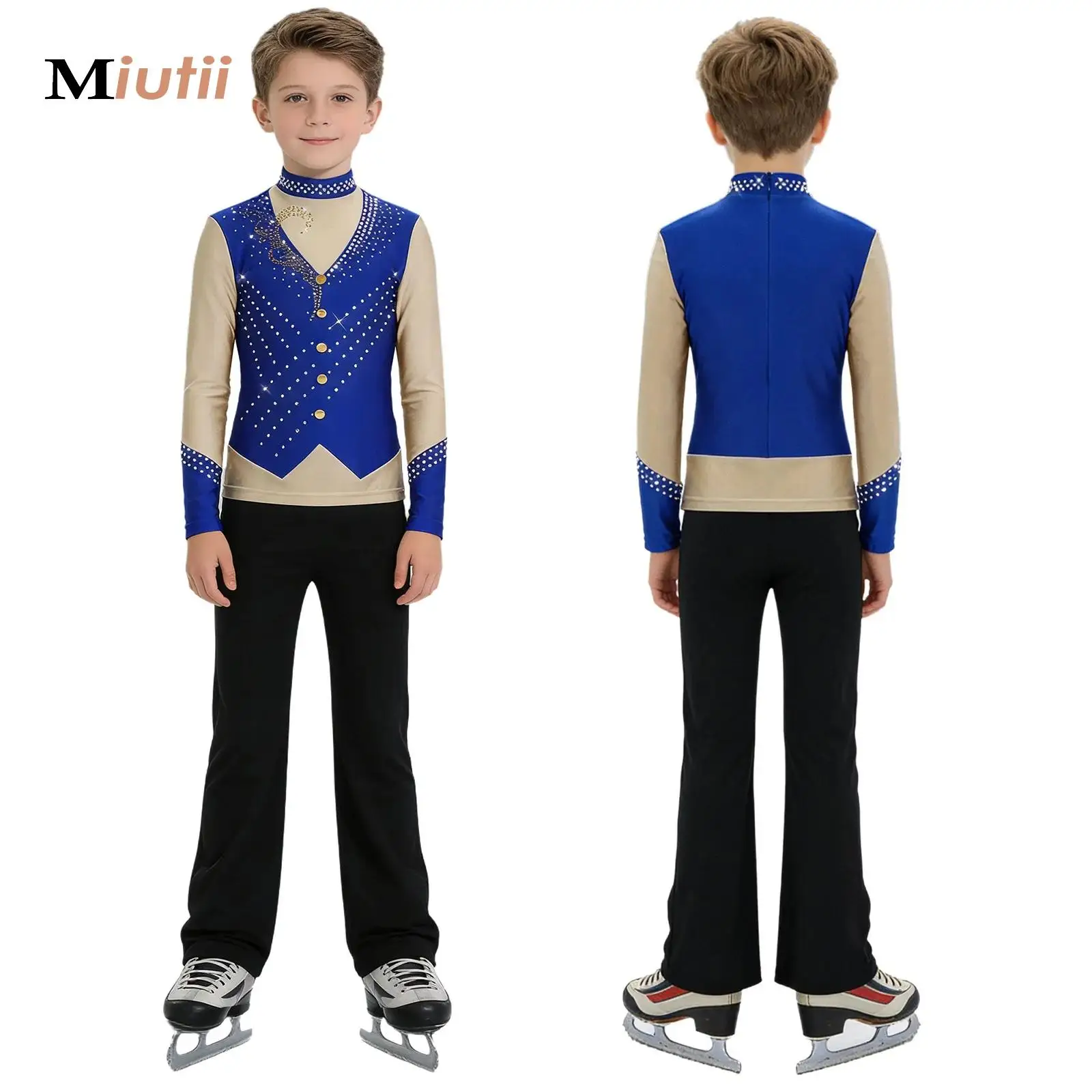 

Rhinestones Figure Ice Skating Ballet Dance Gymnastics Competition Performance Outfit Kids Boys Long Sleeve Top Pants Suit