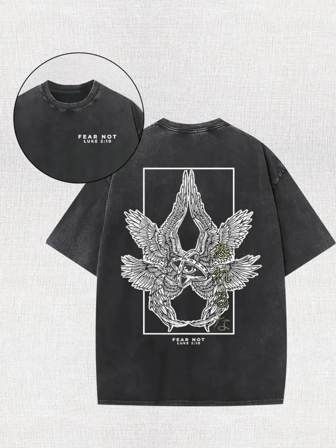 

Crow and bat wing pattern double-sided print, retro washed cotton men's T-shirt, short sleeved top streetwear