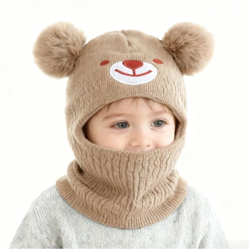 1 PCS 0-3Y Newborn Black Bear Embroidery Balaclava Ski Mask Toddler Beanie Double Balls Baby Girls Boys Beanies Kids Winter Hats