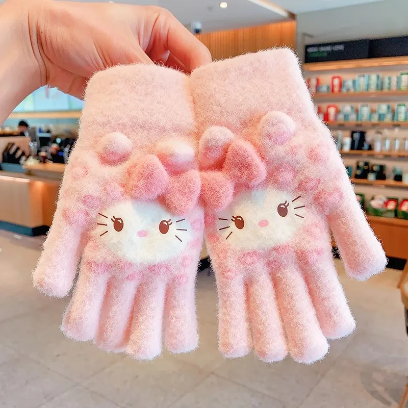

Перчатки для девочек с героями мультфильмов «Hello Kitty», новые зимние милые незамерзающие теплые перчатки, детские розовые модные плюшевые ветрозащитные перчатки