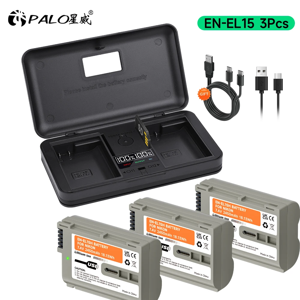 PALO EN-EL15C EL15C EN EL15 USB Charging Battery with LCD Charger Case for Nikon EN-EL15A D780 D850 D7500 Z5 Z6 Z6 II Z7 Z7II Z8