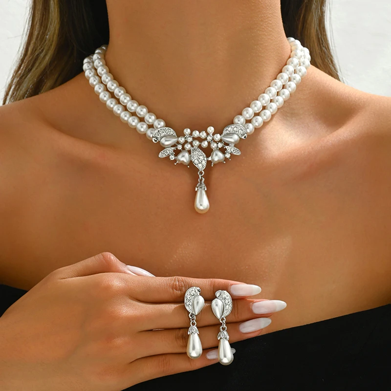 Fashion Imitation Pearl Necklace Two Layer Pearl Necklace Earrings Jewelry Beaded Necklace 100% brand new quality