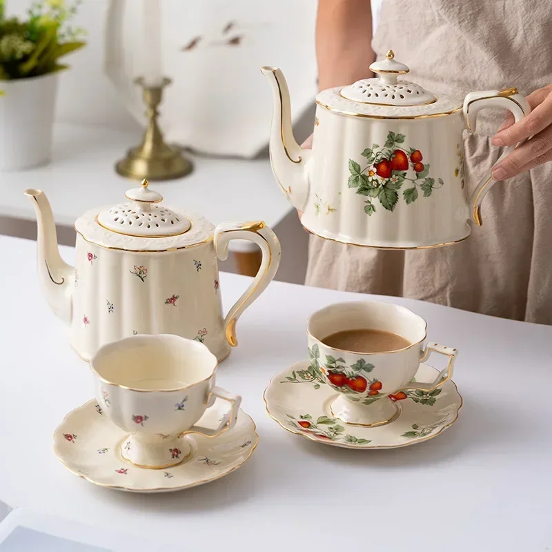 Flower Kettle Cafe Party Drinkware 800ml White Gold Teapot Bone China Coffee Cup  Set 220ml Ceramic Mug Porcelain Tea Cup
