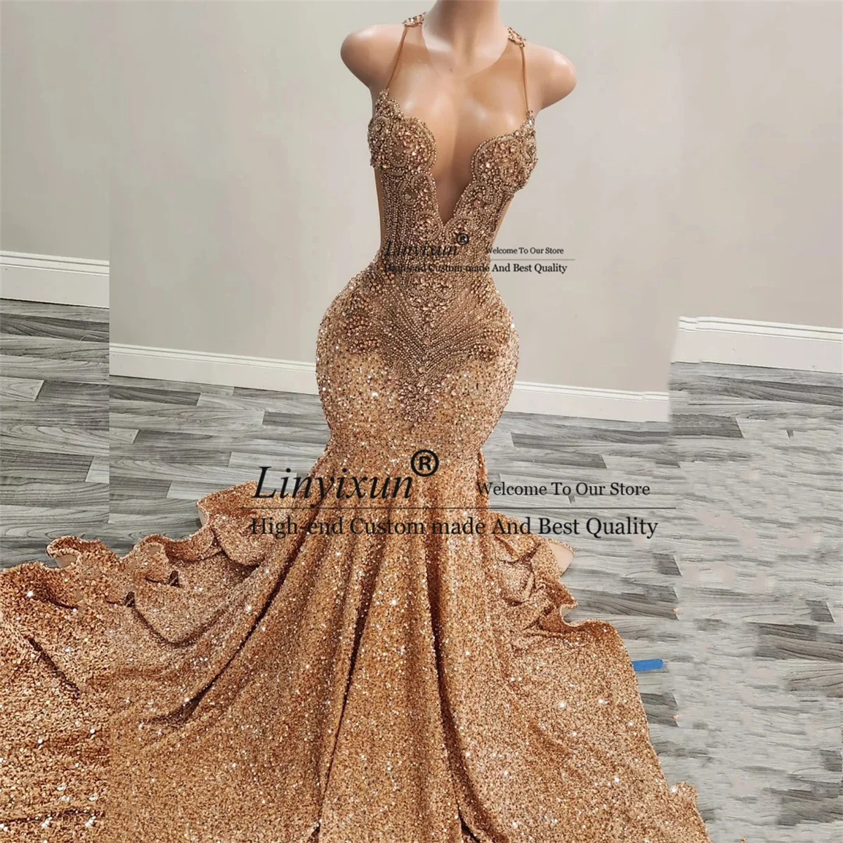 Glitter Gold Diamonds Sequins Mermaid Prom Dress For Black Girls Rhinestones Beaded Evening Party Gala Gown Robes De Soiree