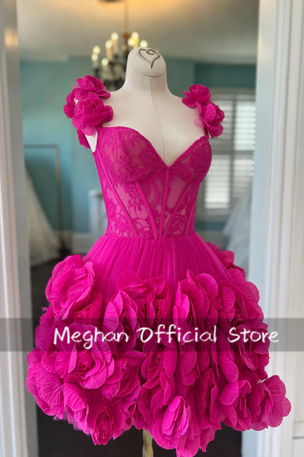 

Pretty Fuchsia Bloom Short Women Maxi Dresses Female Maxi Dress To Holiday Party To Party Lace Floral Mini Cocktail Dresses
