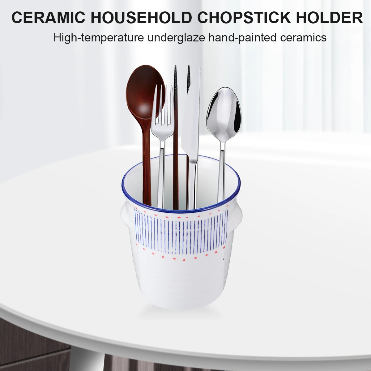 

1Pcs Hand Painted Ceramic Chopsticks Holder with Drain Hole for Kitchen Dining Spoon Fork Organizer White Blue