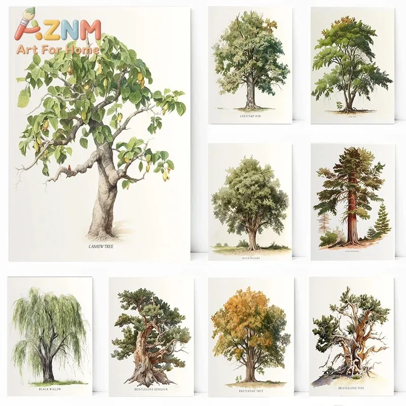AZNM Vintage Botanical Tree Sketch Canvas Wall Art 2D Flat Frameless Print Various Species Cashew Oak Willow Nature Study Home D