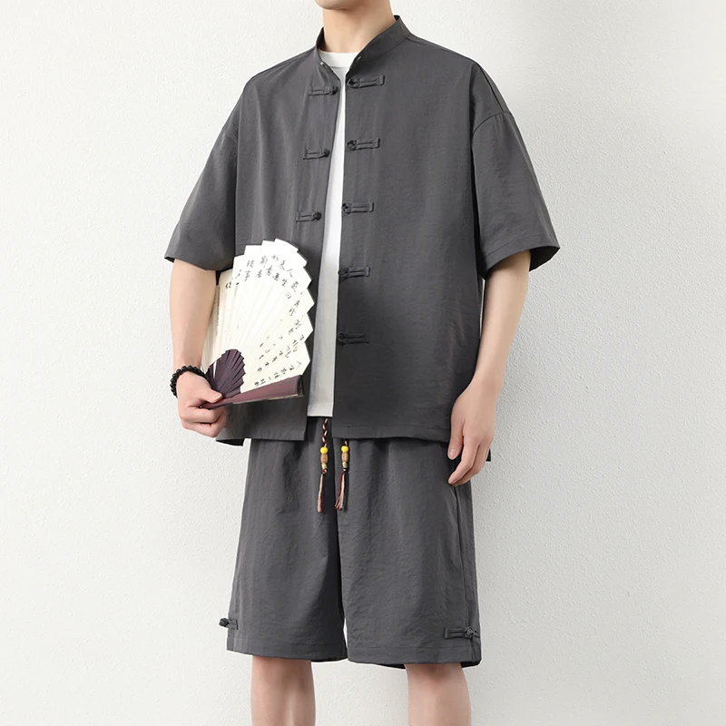 

Summer Wind Men's Shirt Set New Chinese Retro Stand Collar Short Sleeve Buttoned Tang Suit Zen Style Zhongshan Suit