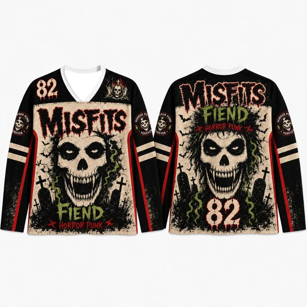 Misfits Horror Punk Skull Print Baseball Jersey T‑Shirt Short Sleeve Fiend 82 Graphic Tee Retro Rock Fan Tops Family Matching