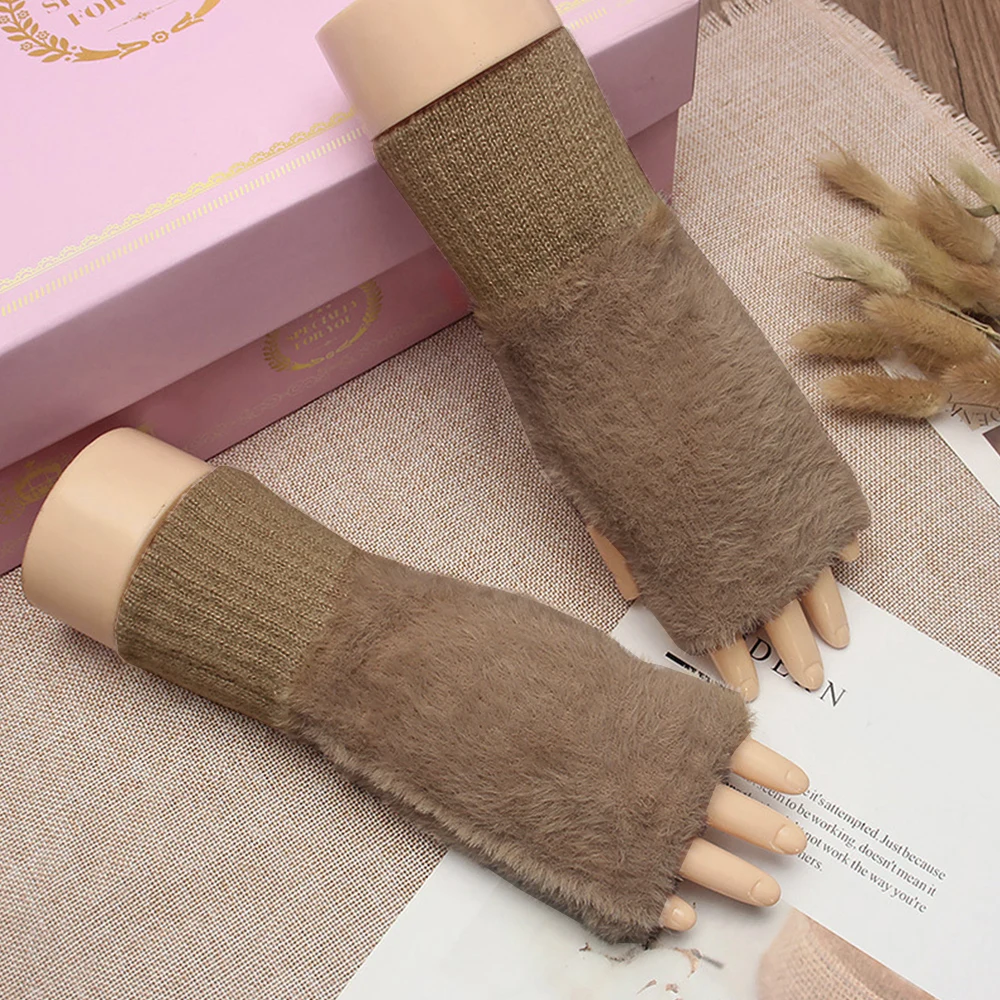 Women Imitation Mink Hair Plush Gloves Simple Solid Color Touch Screen Half Finger Mittens Winter Warm Outdoor Stretch Gloves