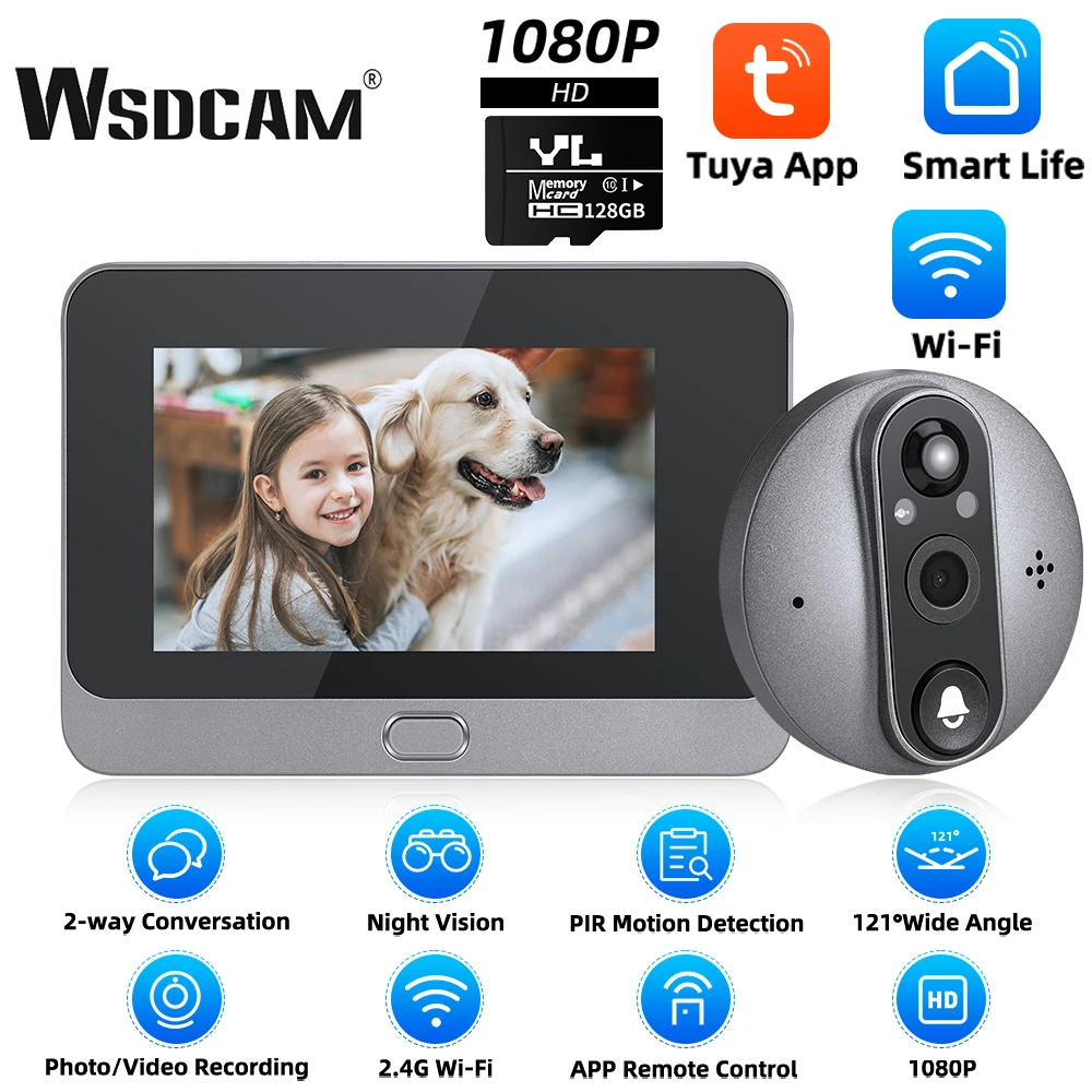 WSDCAM Tuya WIFI Peephole Doorbell PIR Night Vision Video Doorbell 5000mAh Smart Doorbell Two-way Intercom Digital Viewer