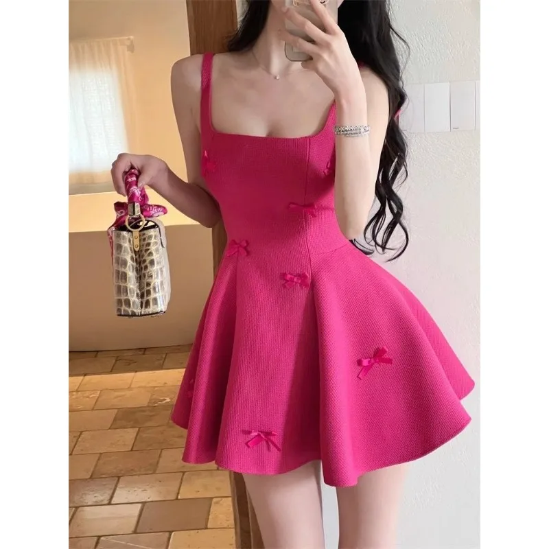 Damen-Minikleid in süßem, pinkfarbenem Design, ärmellos, quadratischer Ausschnitt, A-Linien-Kleid mit Schleifendekor, Partykleidung