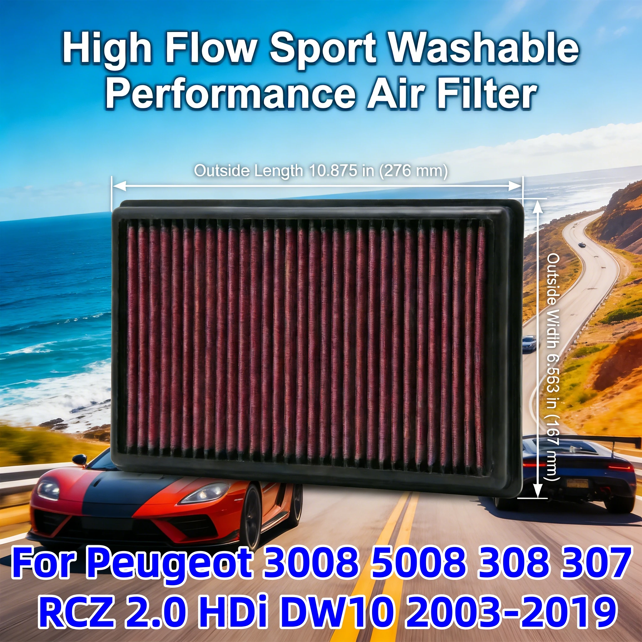 

Высокопроизводительный моющийся спортивный воздушный фильтр для Peugeot 3008 5008 308 307 RCZ 2.0 HDi DW10 2003-2019 33-2998 OEM:1444QP