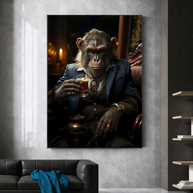 Funny Smoking Monkey Chimpanzee in Suit Gorilla Gangsters Art Poster Canvas Painting Wall Prints Picture Living Room Home Decor