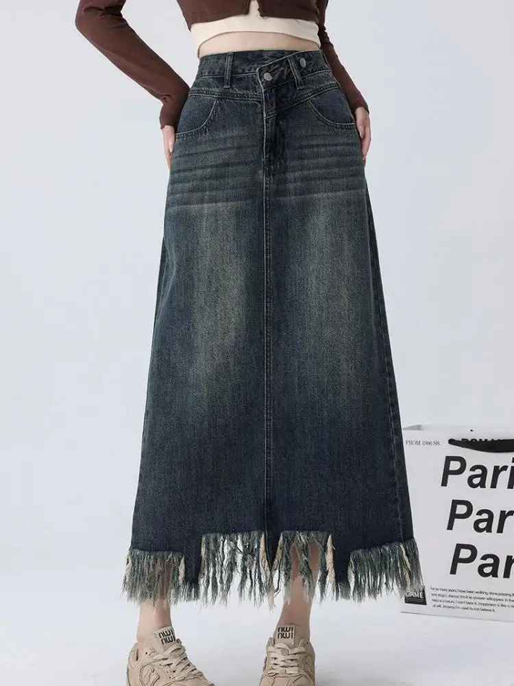 

Retro Blue Elegant Tassel Jean Long Skirt Autumn Winter New High Waist Plus Size Skirt Woman Korean Chic Streetwear Denim Skirts