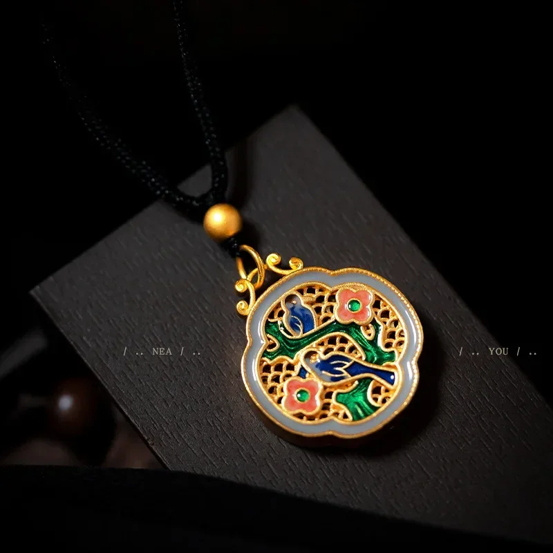 

24K Yellow Gold Vintage Chinese Style Enamel Magpie Filament Pendant, Real Gold Ethnic Style Classical Necklace Fashion Jewelry