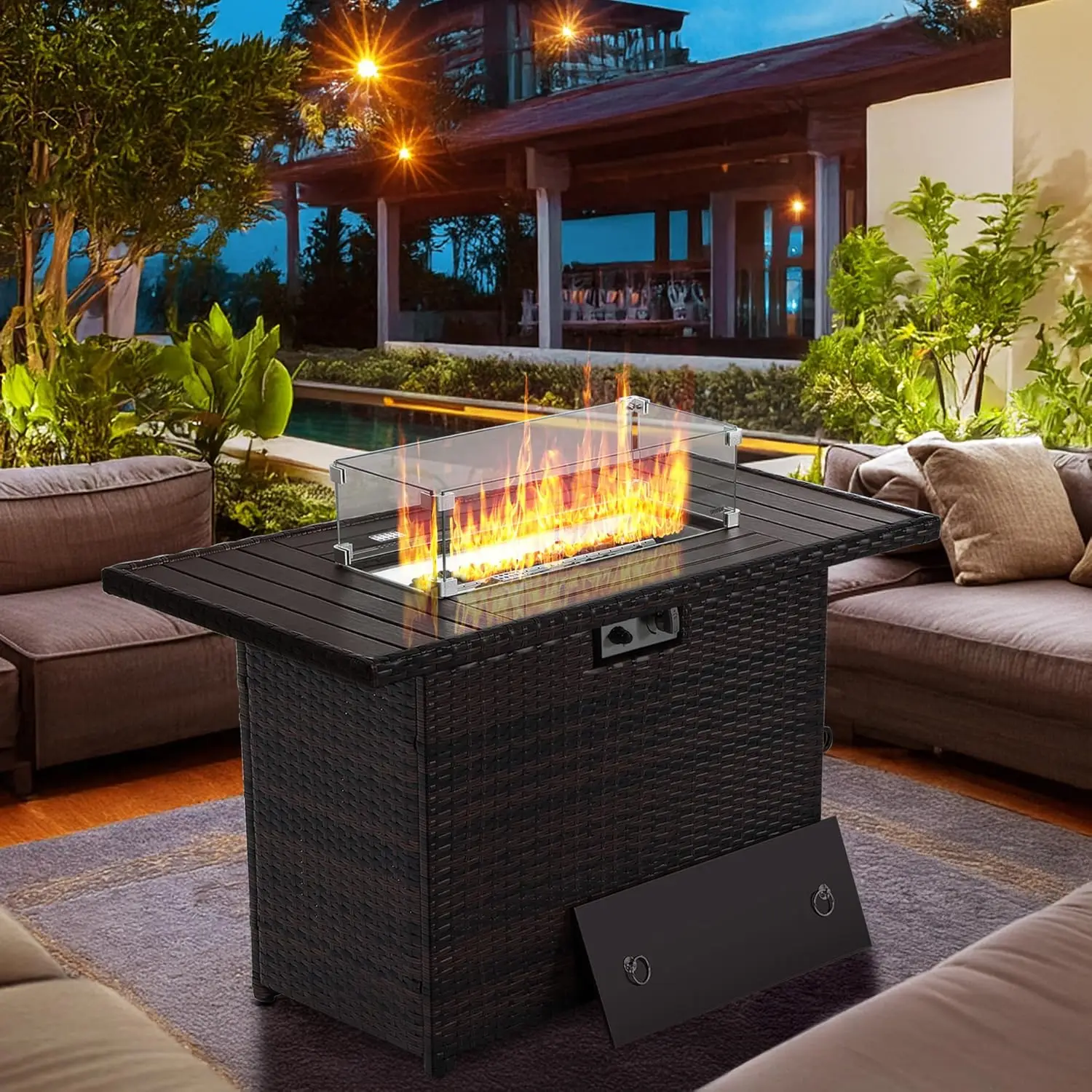 Eorthex 44 Inch Propane Fire Pit, Steel Gas Fire Feature Table With Iron Lid,Glass Rock, Rain Cover And Tempered Glass Wind