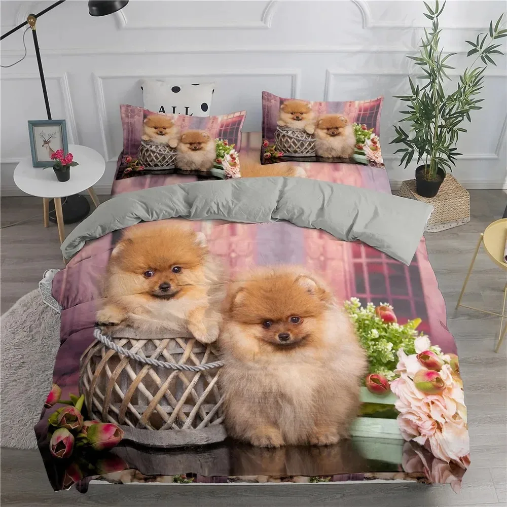 Pomeranian Dog King Queen Duvet Cover Puppy Bedding Set for Teens Adults Pet Animal Colorful Sky Polyester Quilt Cover