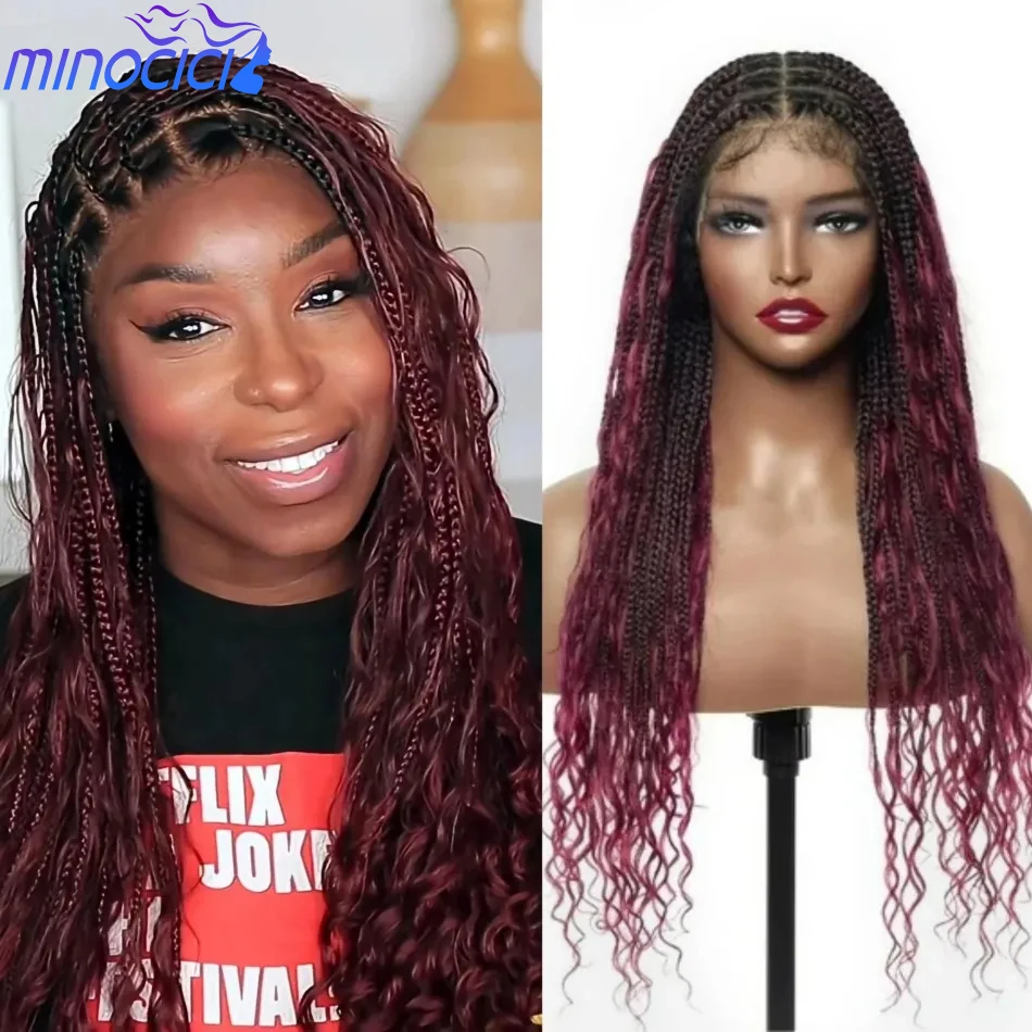 

Ombre Burgundy Full Lace Boho Braided Wig Invisi Drawstring 360 Full Lace Wigs 250 Density 99J Colored Curly HD Lace Frontal Wig