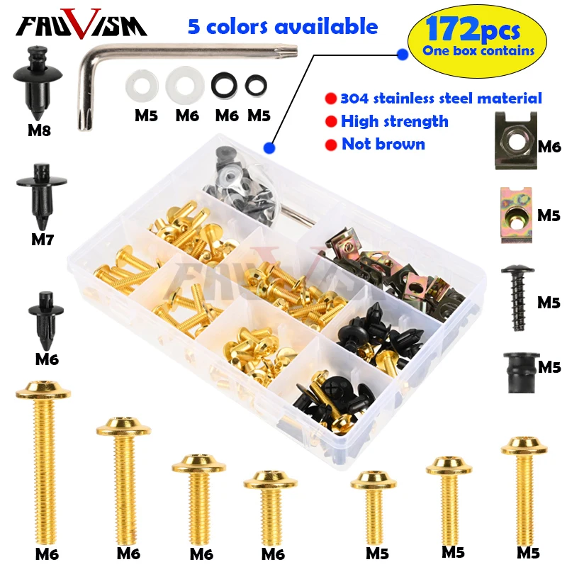 Kit com 172 parafusos M5 e M6 em aço inoxidável para carenagem de moto, com porcas e fechos, para Kawasaki Ninja 250, 300, 400, 650R ABS, 1000SX, SX Versys 650 e 1000.