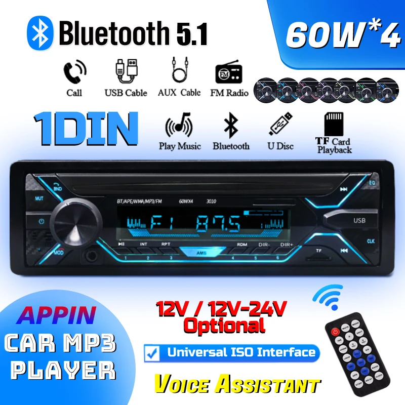 Car Mp3 Bluetooth Player With Colorful Lights 1din 12v/24v Truck Radio Fm/Aux/Usb Flash Drive Player 7388 High Fidelity 60W*4