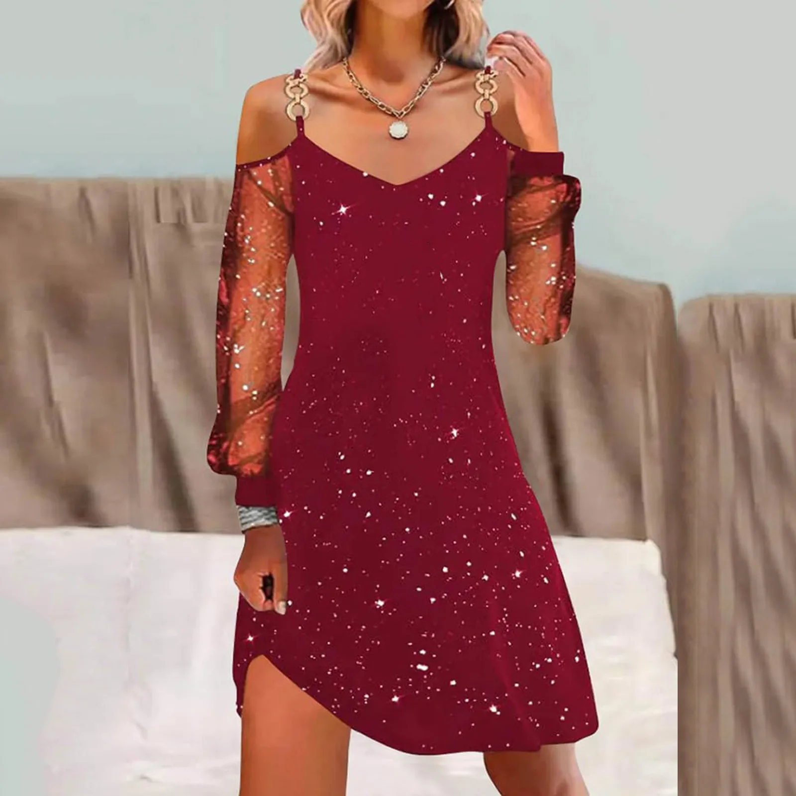 Mini vestido de fiesta elegante con lentejuelas brillantes para mujer, vestidos informales de manga larga con tirantes de cadena y hombros descubiertos de malla transparente negra