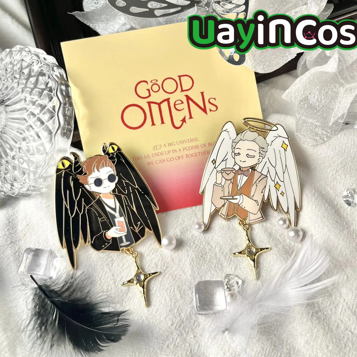 2pcs In stock Good Omens Aziraphale Crowley Metal Badge Pendant Keychain Bag Cute Anime Game Ornaments Toy Cosplay Costume