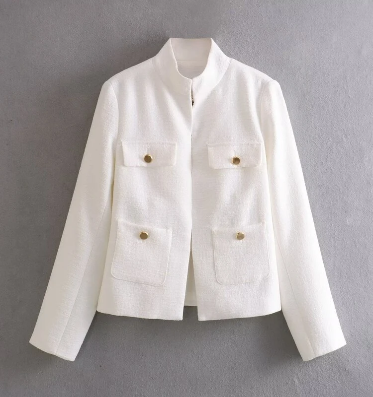 

Fall Faion Slim Fit Long Sve Stand Collar Texture Jaet Women's Ele ort Coat Versatile Sle Straight Cut Design