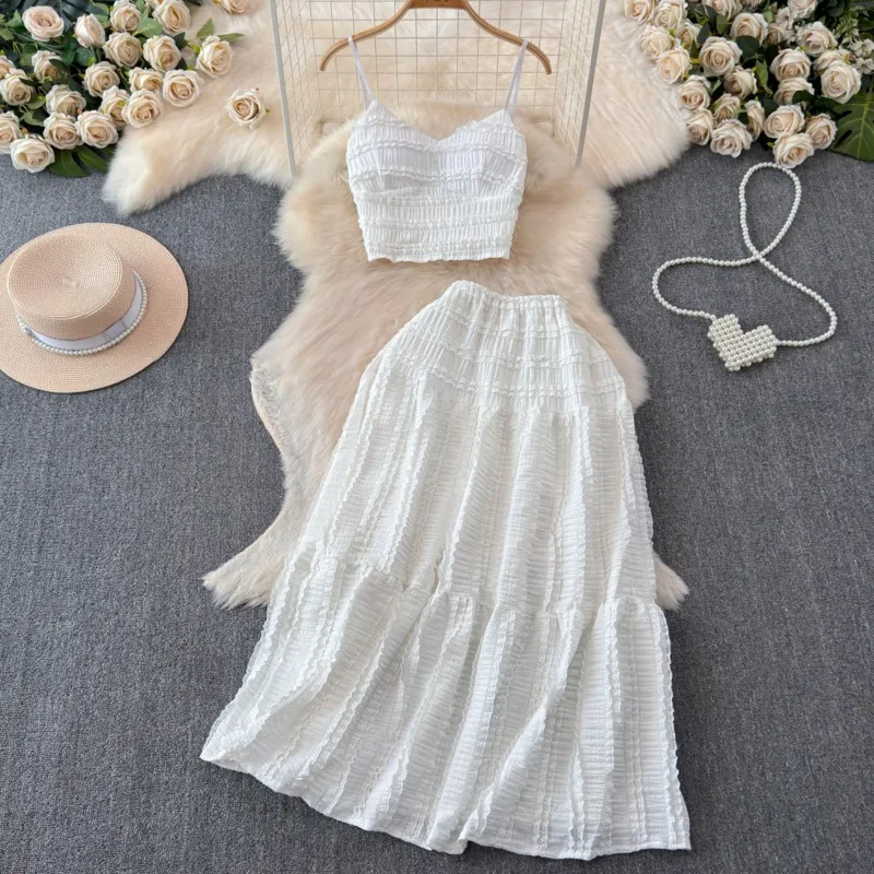 Elegant and Chic Women Summer Skirts Suit Spaghetti Strap Crop Tops A-Line Saya Outfits Female Beach Holiday Two Pieces Set