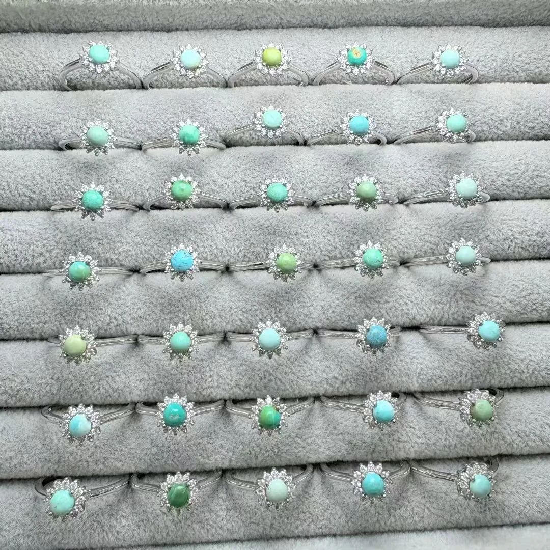 1Pc Fengbaowu Natural Turquoise Ring 4MM Round Cabochon Reiki Healing Stone Jewelry Gift For Women view 4