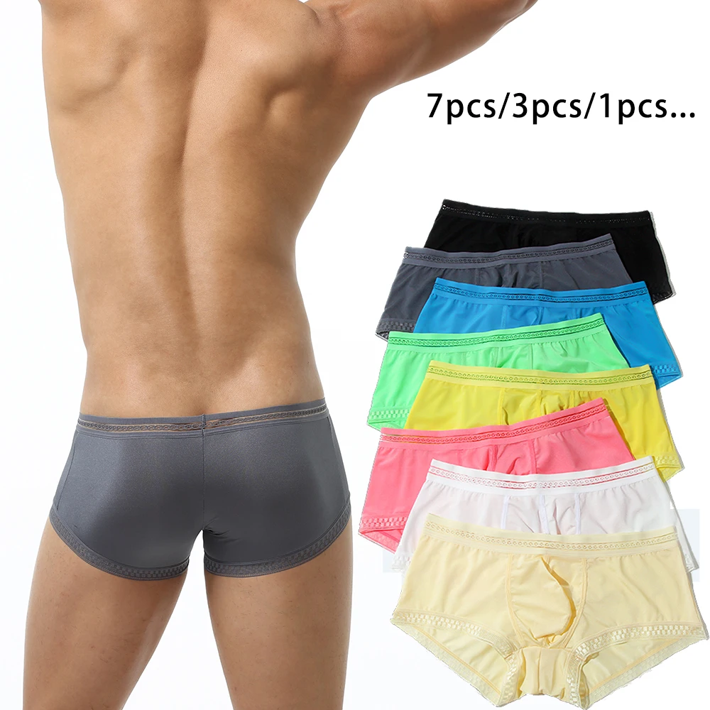 Breathable Ice Silk Mens Underwear with Lace Trim Summer Boxer Briefs 1 Pack 3 Pack or 8 Pack