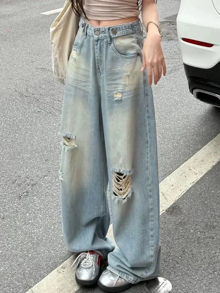 

Y2K High Waisted Ripped Jeans Women Summer American Retro Loose Wide Leg Straight Floor Pants