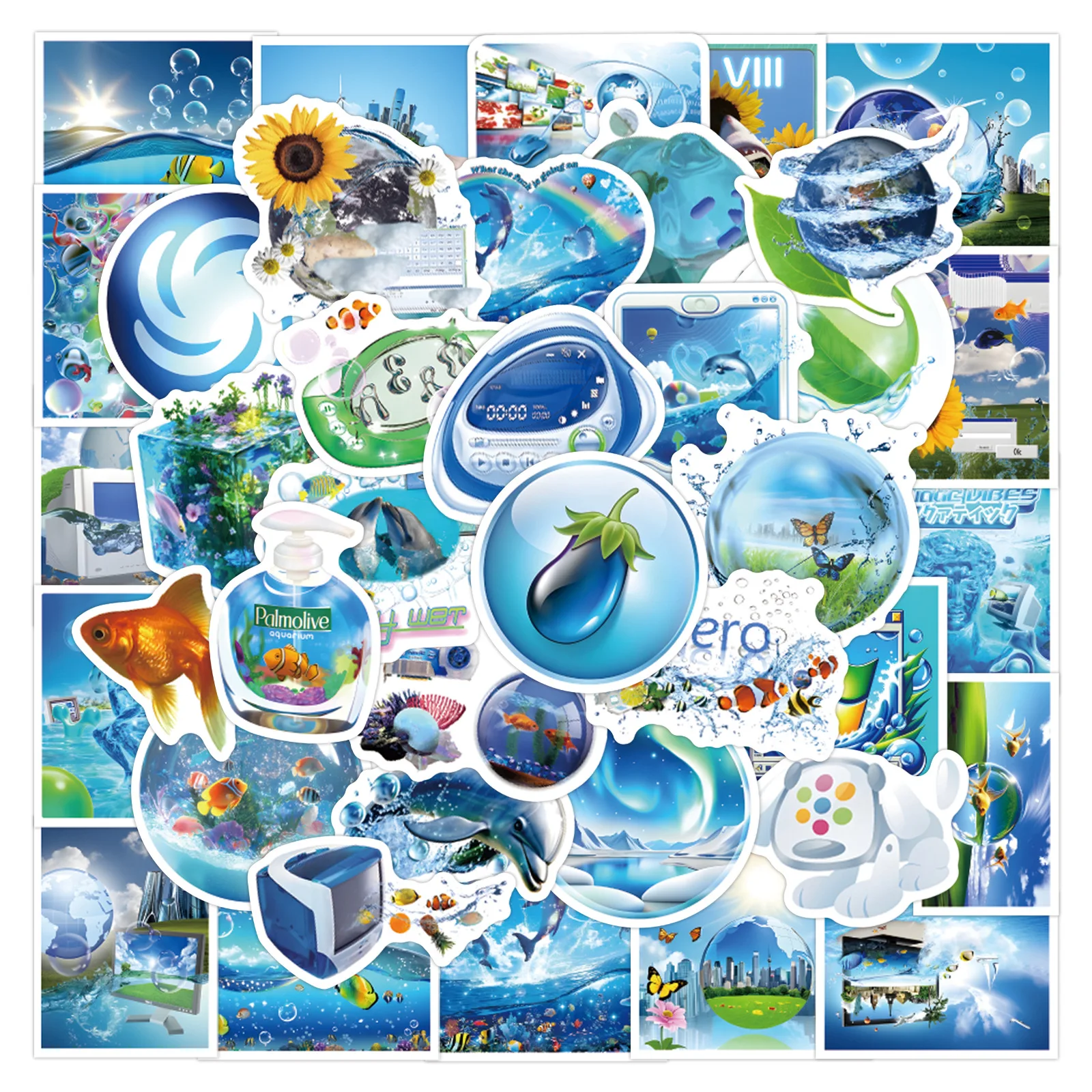 55pcs Cartoon Ancient Dream Core Frutiger Aero Decorative Handbook Stationery Water Cup Computer Waterproof Sticker