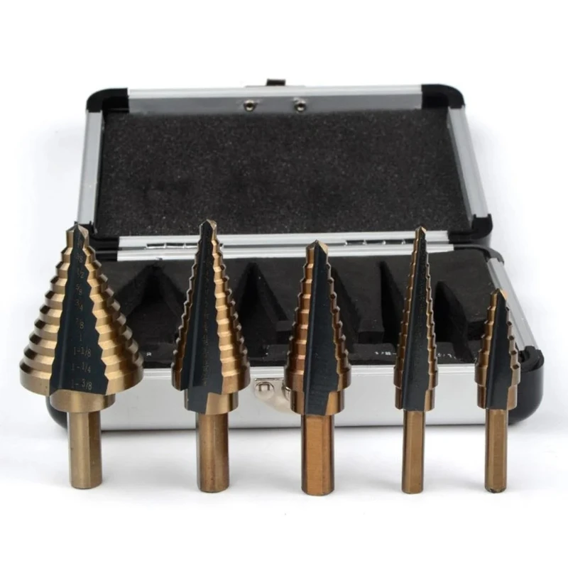 5Pcs Cobalt Titanium Step Drill Bit Set 50 Sizes Cobalt Titanium Conical Carbide Drill for Stainless Steel Sheet Metal Drilling