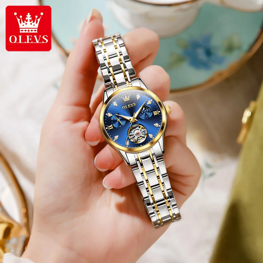 OLEVS 6608 Automatic Mechanical Watch For Women Deep Waterproof Luminous Moon Phase Hand Clock Original Luxury Women's Watches