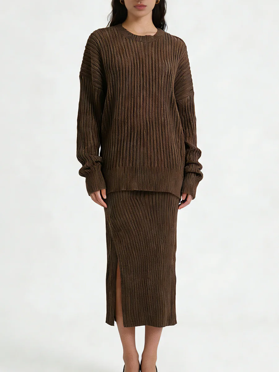 Autumn Winter Elegant Women Oversized Sweater + Midi Skirt 2 Piece Set Women Fashion Long Sleeve Knitted Pullovers Skirt Suits