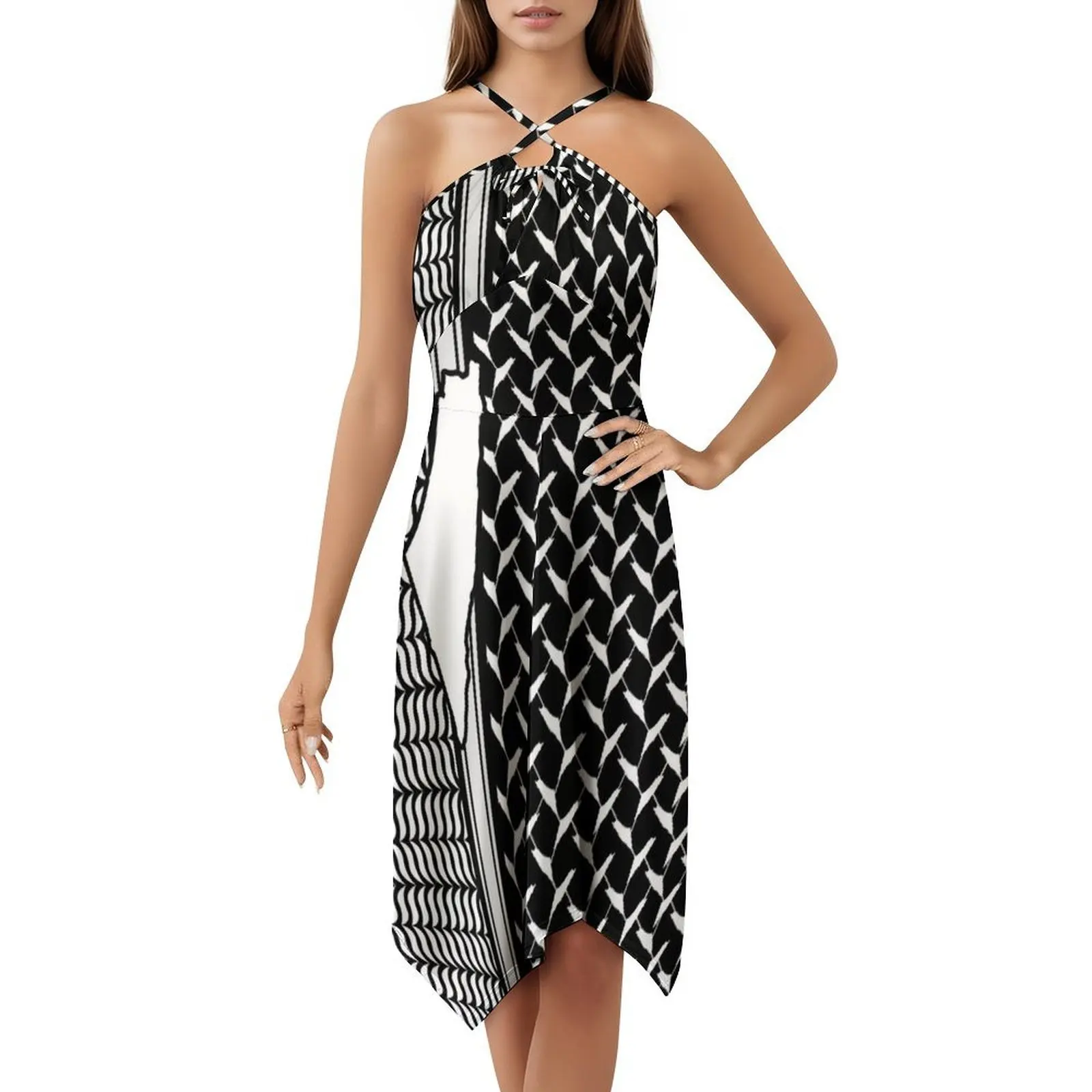 أقنعة الكوفية الفلسطينية |   فستان كوفية فلسطين الحرة على شكل قلب فستان أنيق للحفلات الصيفية للنساء الفلسطينيين