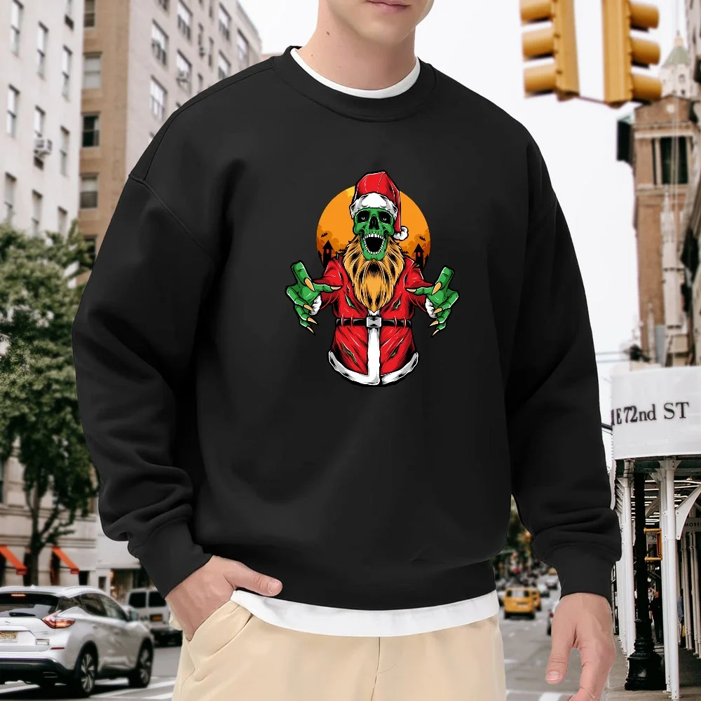 

Men's Black Crew Neck Loose Sweatshirt, Christmas Skull Print Top, Street Style Casual Jacket, Autumn and Winter Personalized Fashion, Warm and Comfortable