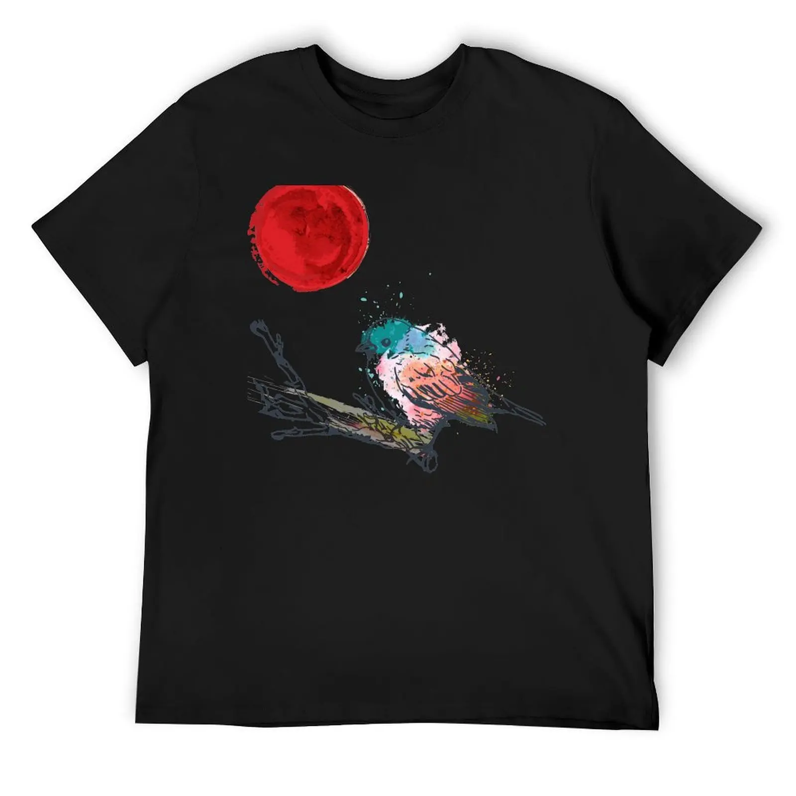 Colourful Art Bird On Tree and Japanese Red Moon Style T-Shirt vintage clothes graphic tee shirt oversized t shirts for men