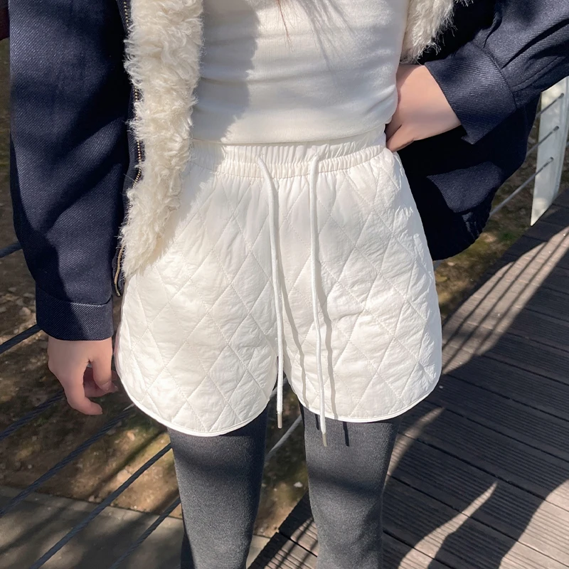 LanCharm 2025 automne hiver coréen taille haute chaud femmes pantalons décontractés diamant-motif épaissi minceur bottes Shorts