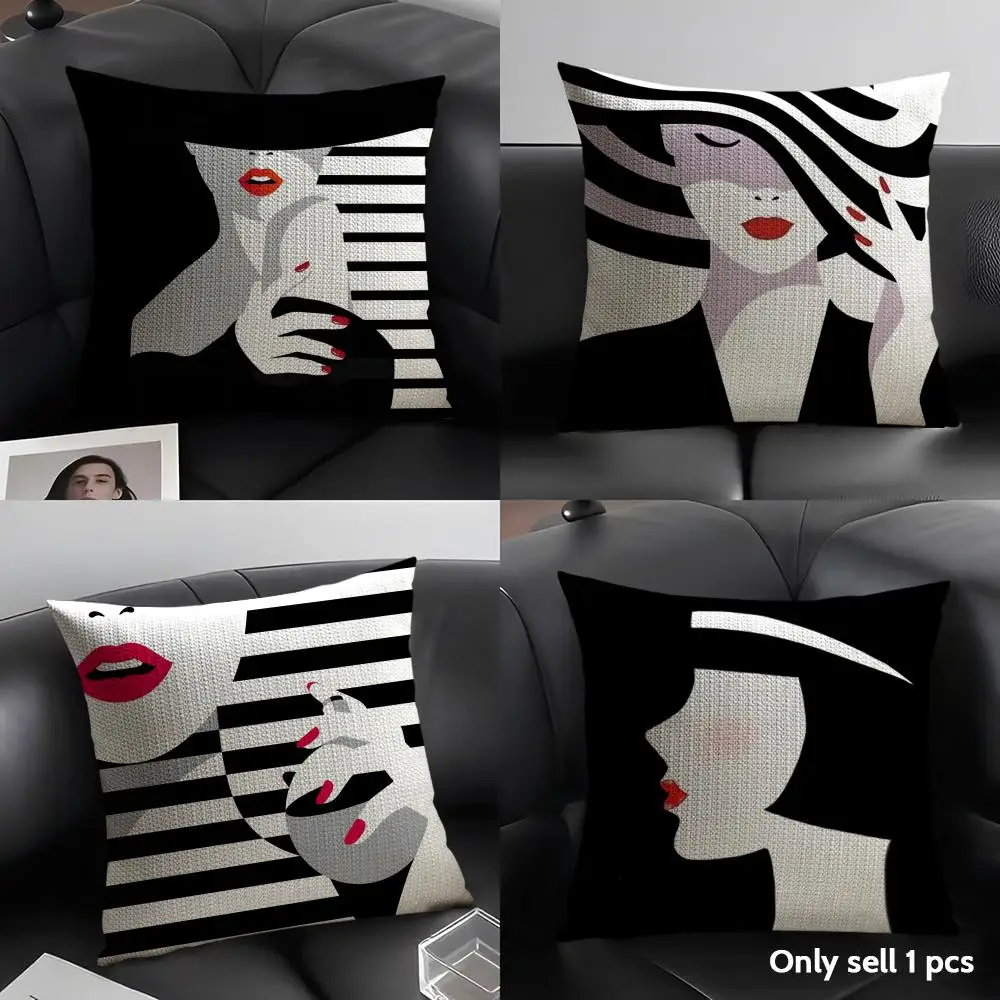 Black White Female Cushion Cover Natural Linen Organic Fabric Double-Sided Printing Sofa Home Decor Gift Pillow Case