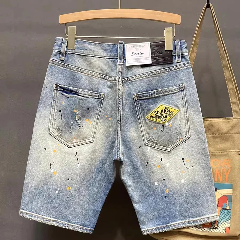 Summer Fashion Men Jeans Retro Light Blue Stretch Ripped Short Jeans Homme Painted Designer Hip Hop Vintage Denim Shorts Men