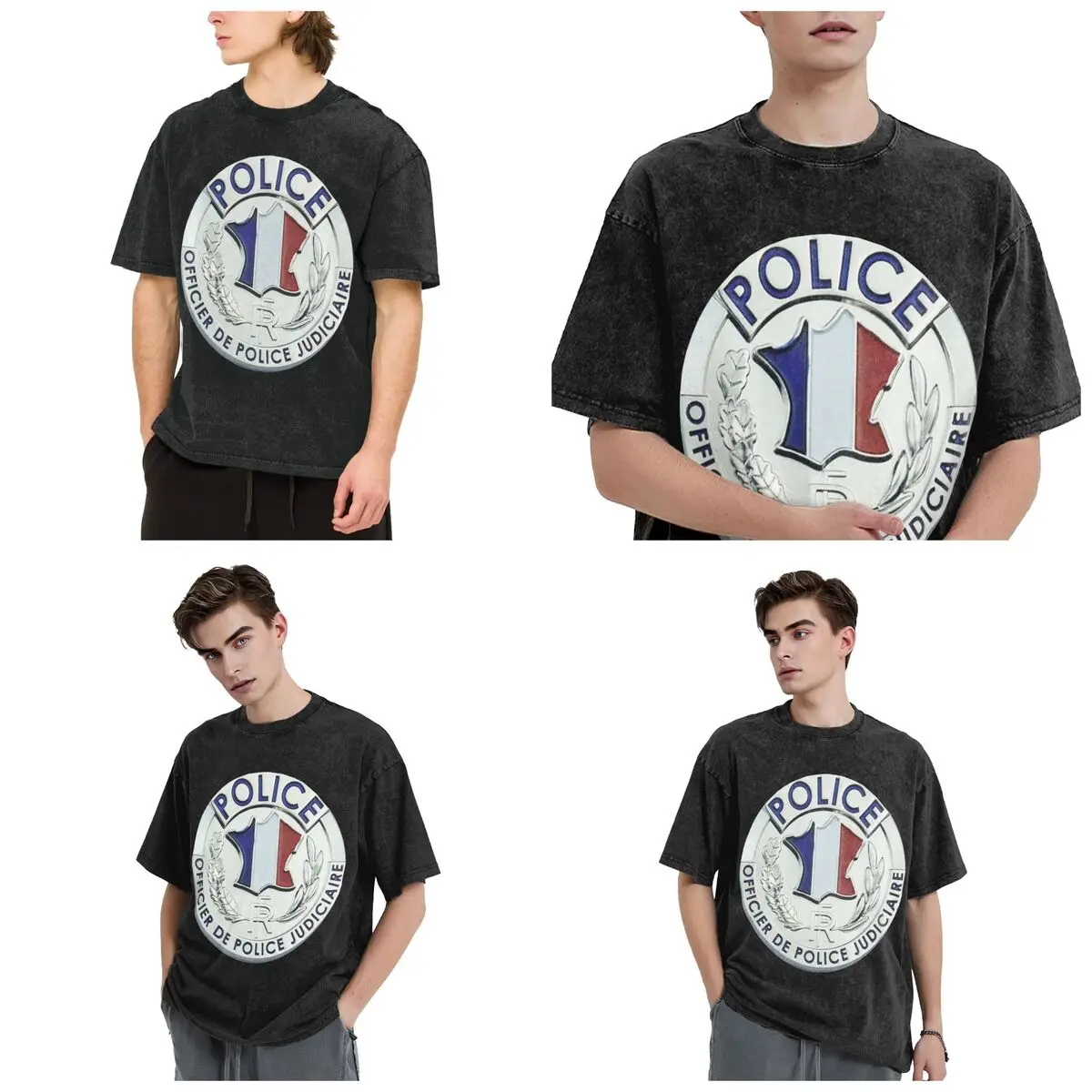 French Municipal Police Insignia Hip Hop Short Sleeve T-Shirts Washed Tops Tees Streetwear T Shirt Vintage for Men Women