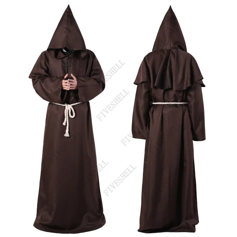 Priest Costume Men  Medieval Cowl Mantle Monk Cross Hooded Cloak Friar Robe Halloween Wizard Cosplay