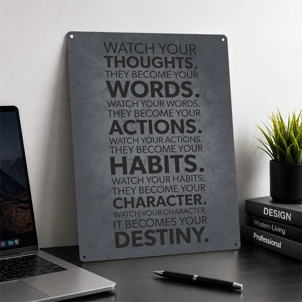 Watch Your Thoughts Words Personalized 3D Textured Metal Poster Wall Art Tinplate Sign for Vintage Retro Decoration Room Bedroom