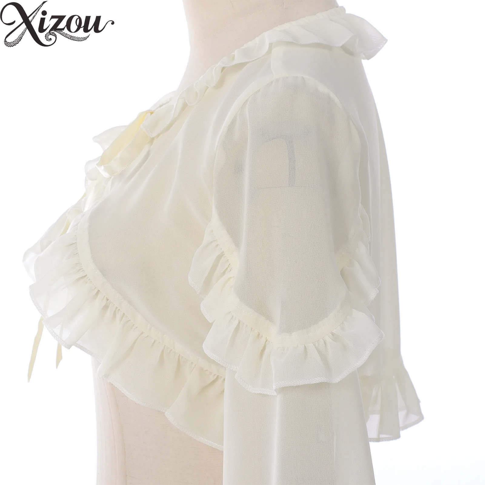 2025 قمصان لوليتا الحلو خمر الدانتيل يصل كشكش بوليرو القوس مضيئة كم اقتصاص بلوزة الفرنسية الجنية الصيف المرأة الأبيض رقيقة بلوزة #6