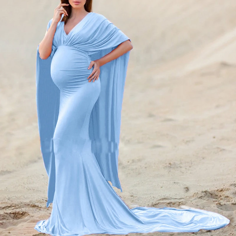 Women\'s Off Shoulder Elegant Fitted Maternity Gown Chiffon Flare Cape Sleeve Slim Fit Maxi Photography Dress for Baby Shower