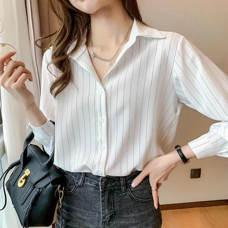 Fashion Woman Blouses 2023 Chiffon Long Sleeve Shirt Tops Korean White Blouse Shirts Striped Top Pretty Cheap Elegantes Clothes