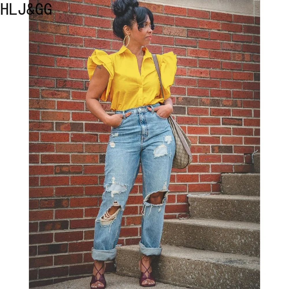 HLJ&GG Summer New Solid Color Ruffle Short Sleeve Shirts Women Turndown Collar Button Slim Tops Fashion Female Matching Clothing