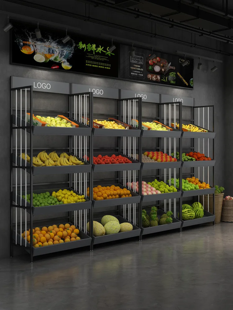 Display van fruitplank, supermarkt, vers, display, groenten